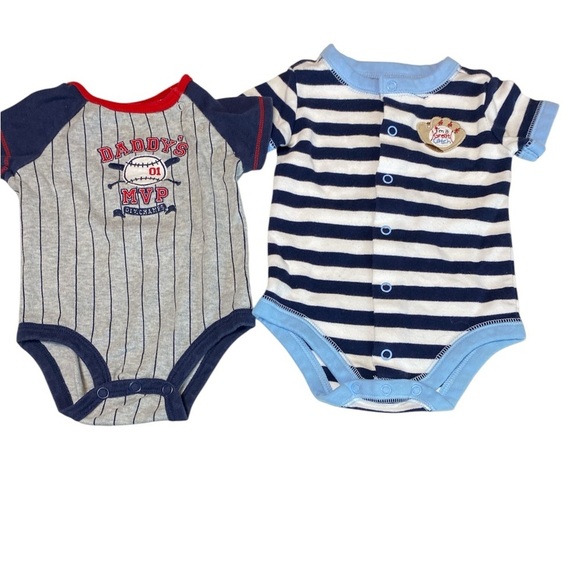 Infant 3 month short sleeve onsies blue stripes baseball themed set of 2 - Picture 7 of 10